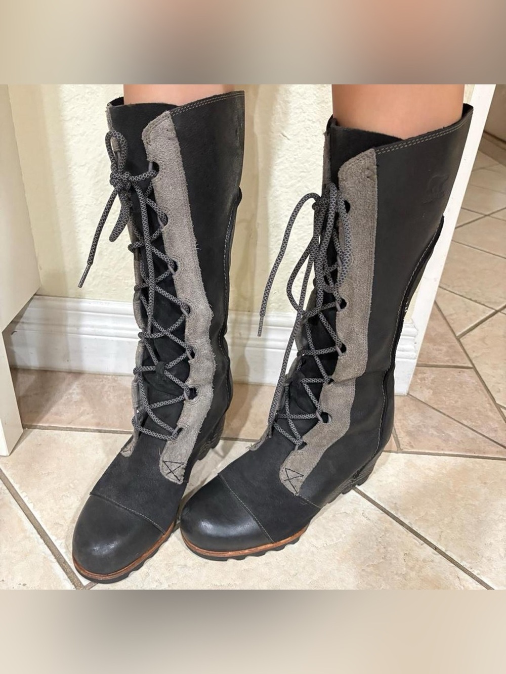 Sorel Cate the Great Tall Lace-Up Two-Tone Gray Wedge Boots